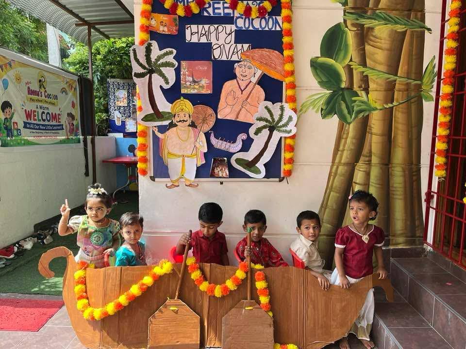 Onam celebration with a paper boat at Mrs Reena's Cocoon Play School, Moulivakkam, Porur